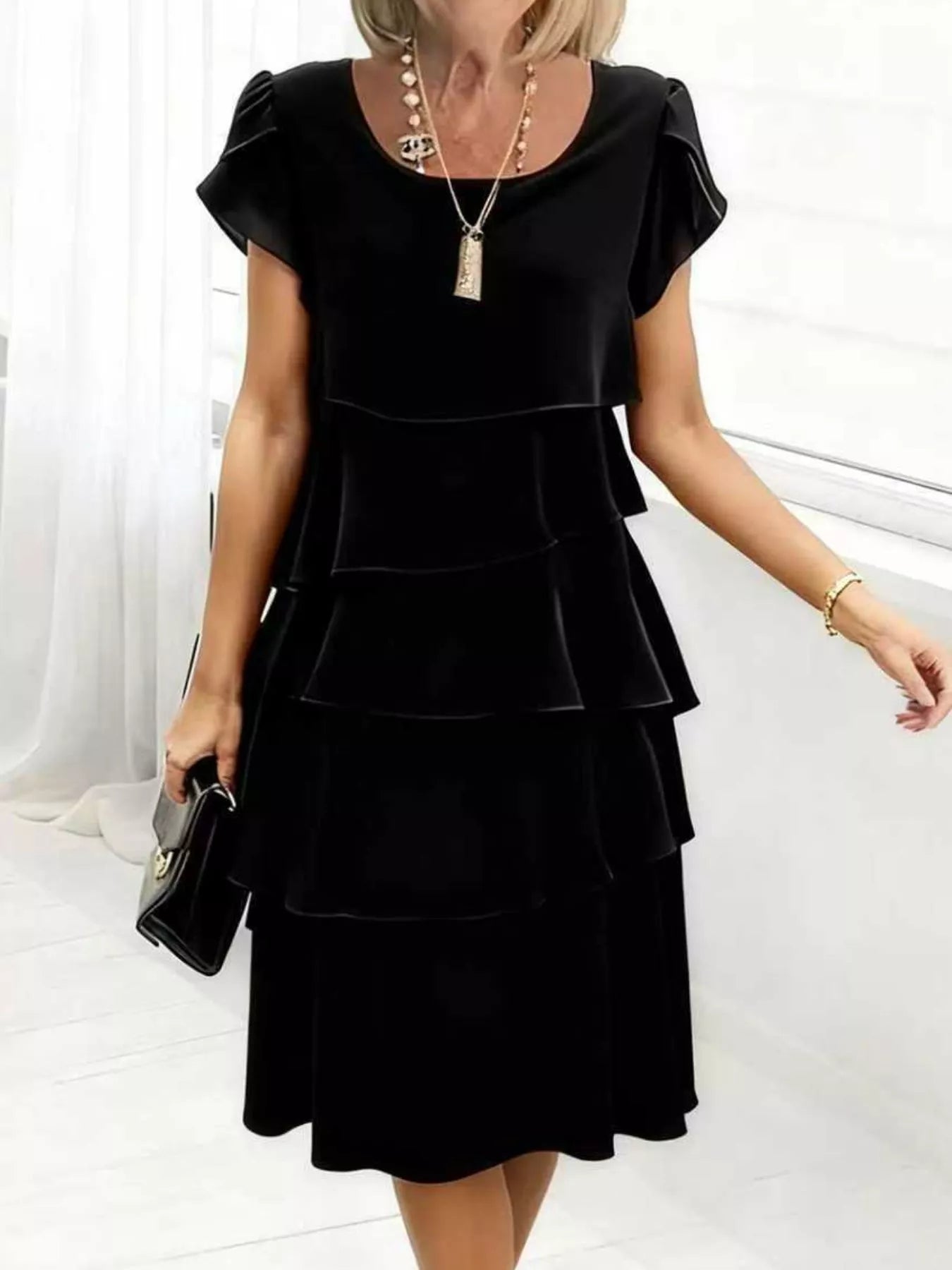 Full Size Ruffled Layered Petal Sleeve Dress Plus Size Black