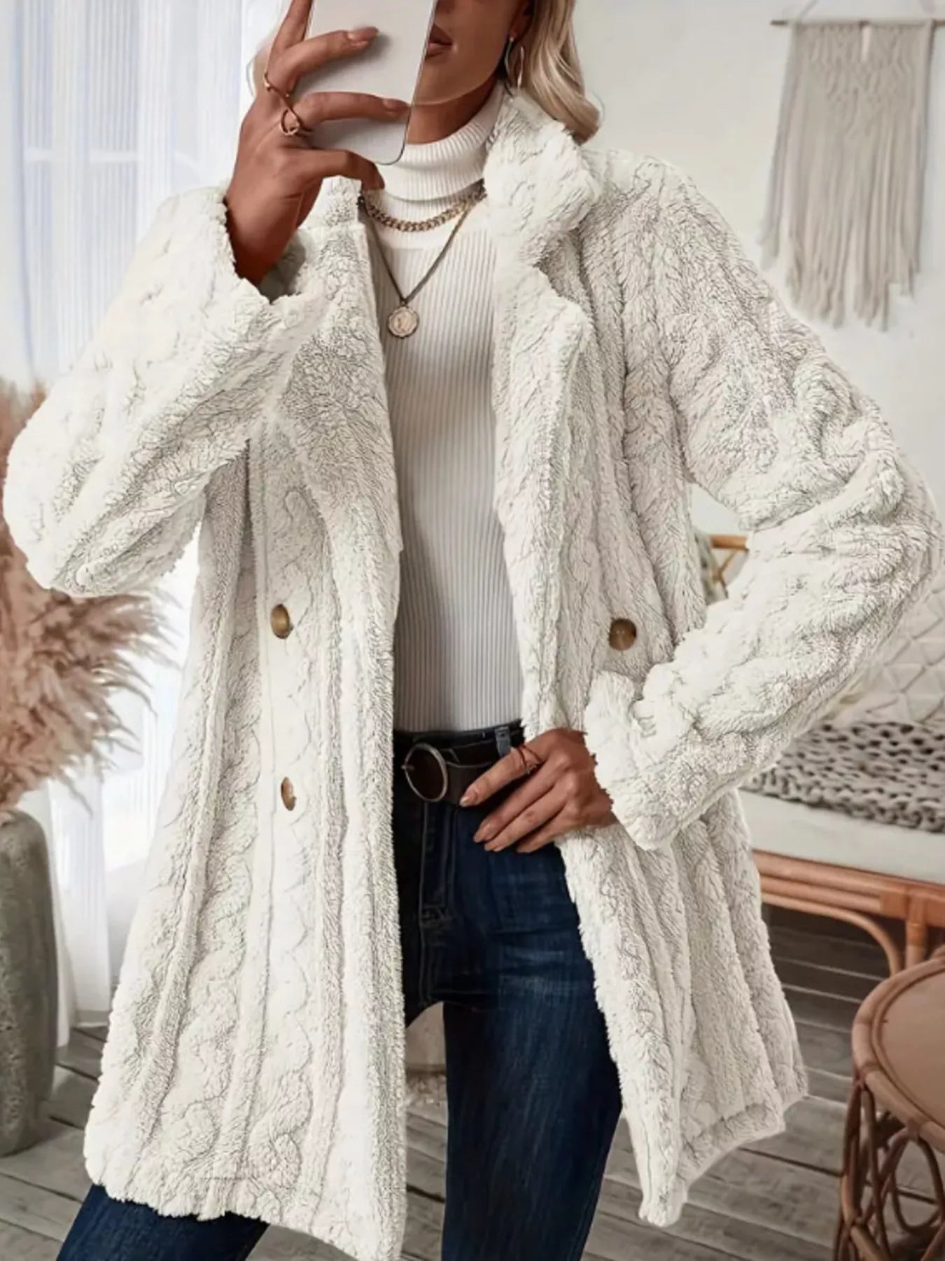 Cozy Faux Shearling Double-Breasted Outerwear White