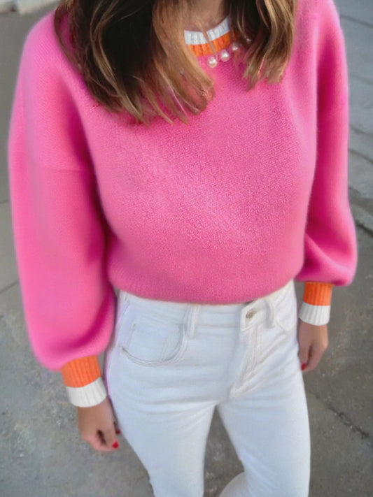 Contrast Crew Neck Pearled Decor Drop Shoulder Knit Sweater Hot Pink