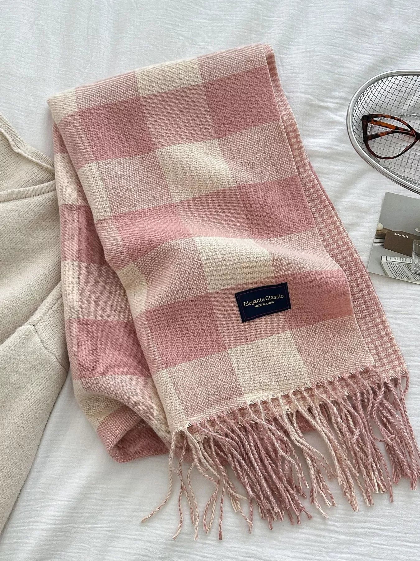 Plaid Tassel Winter Scarf Pink One Size