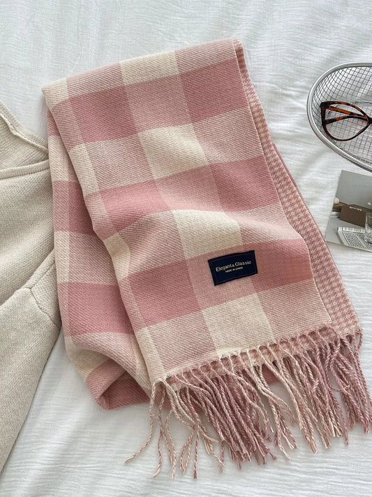 Plaid Tassel Winter Scarf Pink One Size