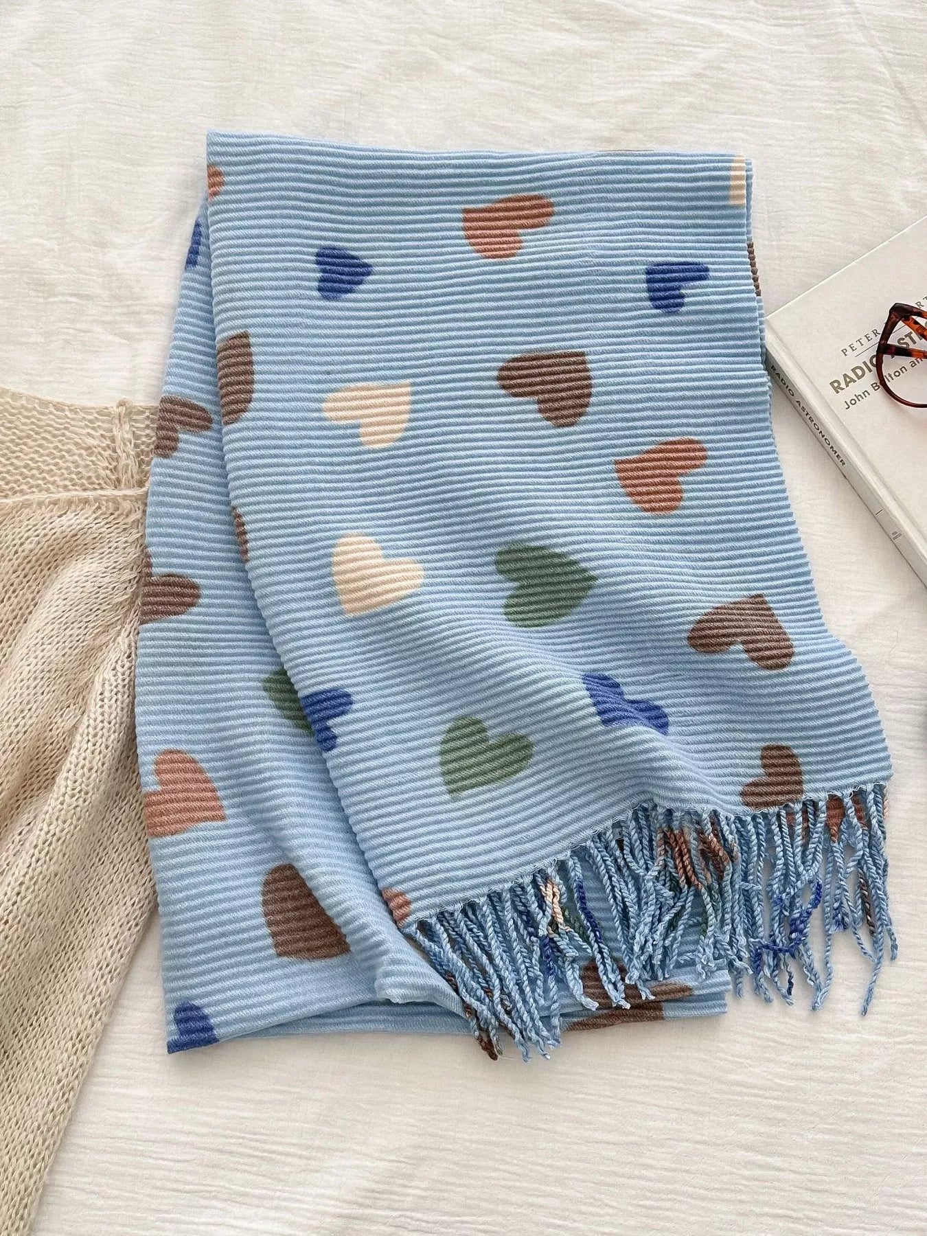Heart Patterned Tassel Scarf