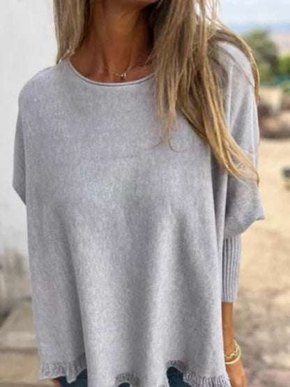 Full Size Round Neck Long Sleeve Knit Top with Lace Trim Plus Size