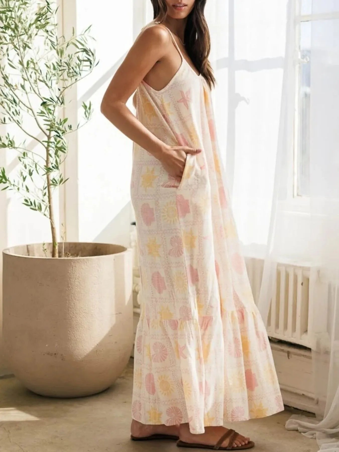 Printed Maxi Lounge Dress with Ruffled Hem