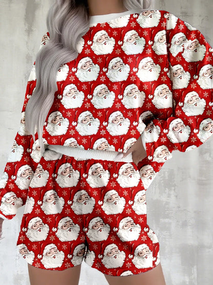 Christmas Santa Print Round Neck Top and Shorts Lounge Set