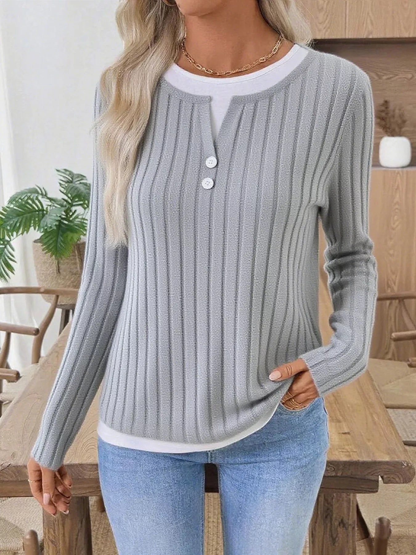 Ribbed Knit Button Detail Contrast Sweater