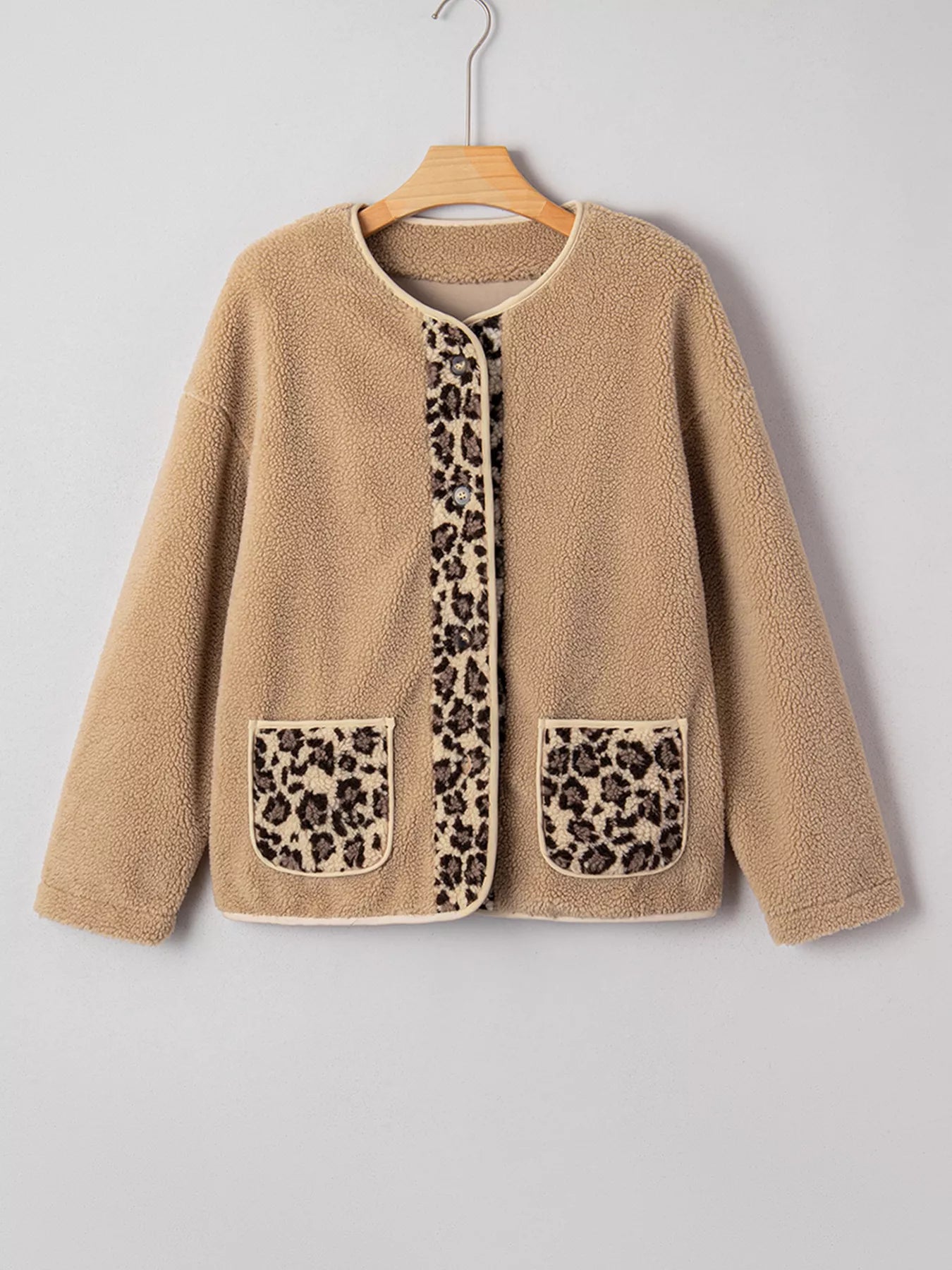 Casual Leopard Print Accent Plush Jacket with Pockets