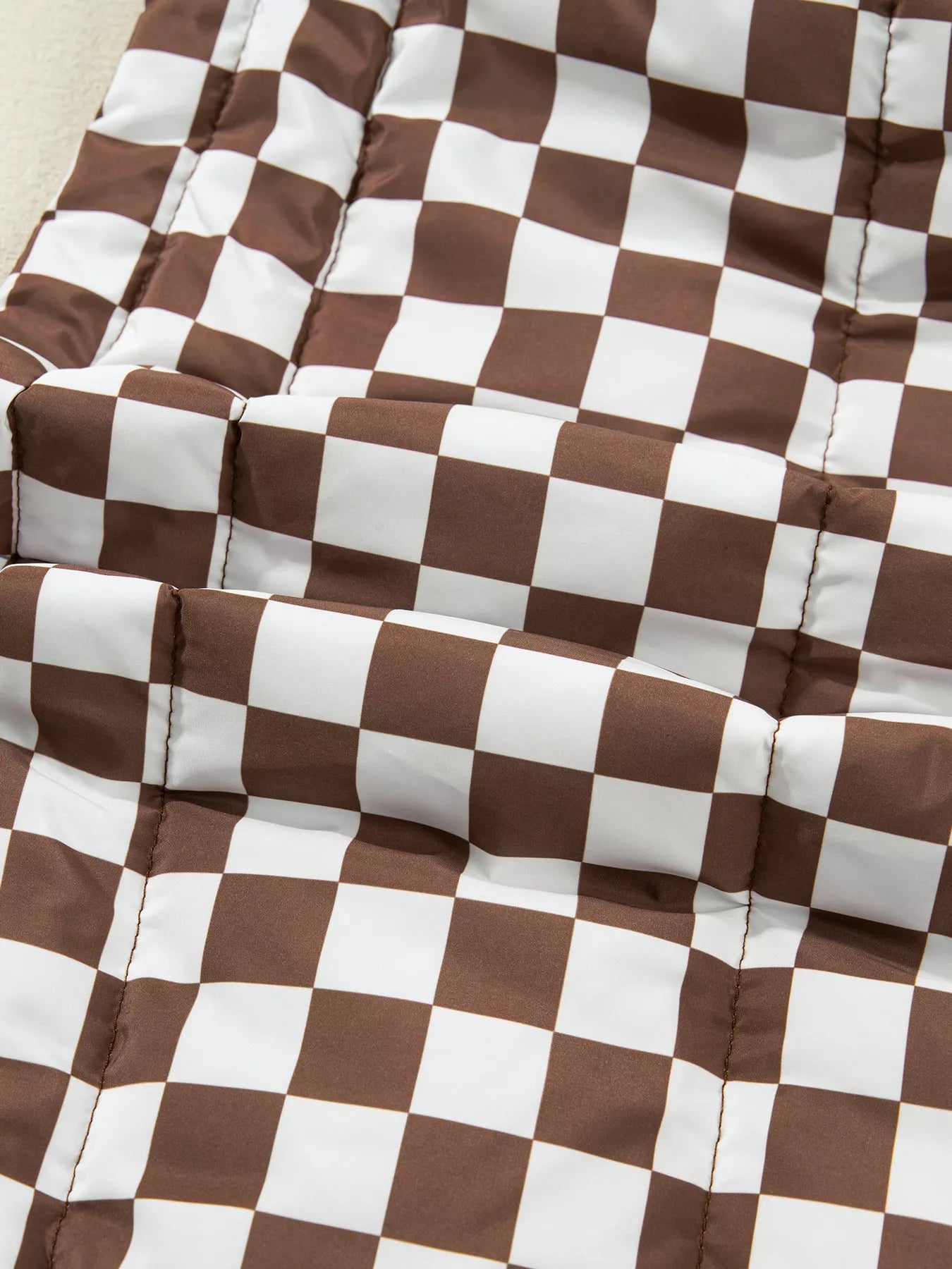 Double Checked Stand Collar Cropped Puffer Vest