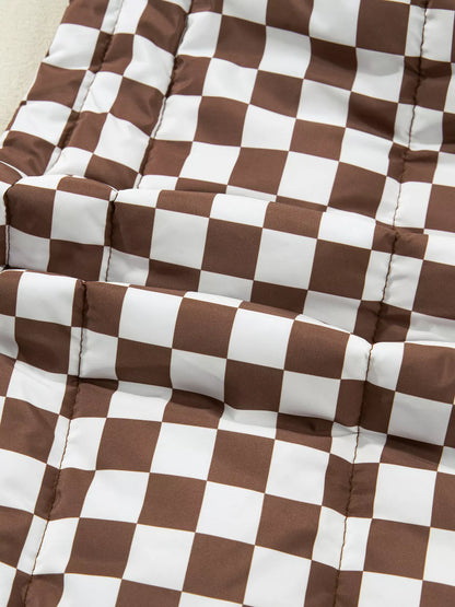 Double Checked Stand Collar Cropped Puffer Vest