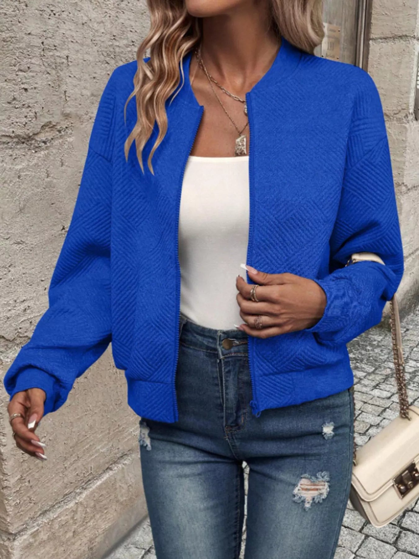 Textured Knit Zip-Up Bomber Jacket