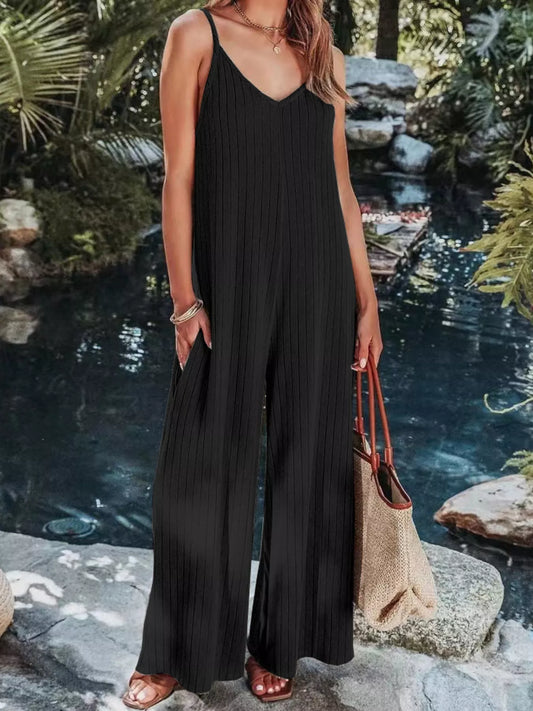 Ribbed V-Neck Wide Leg Jumpsuit Black