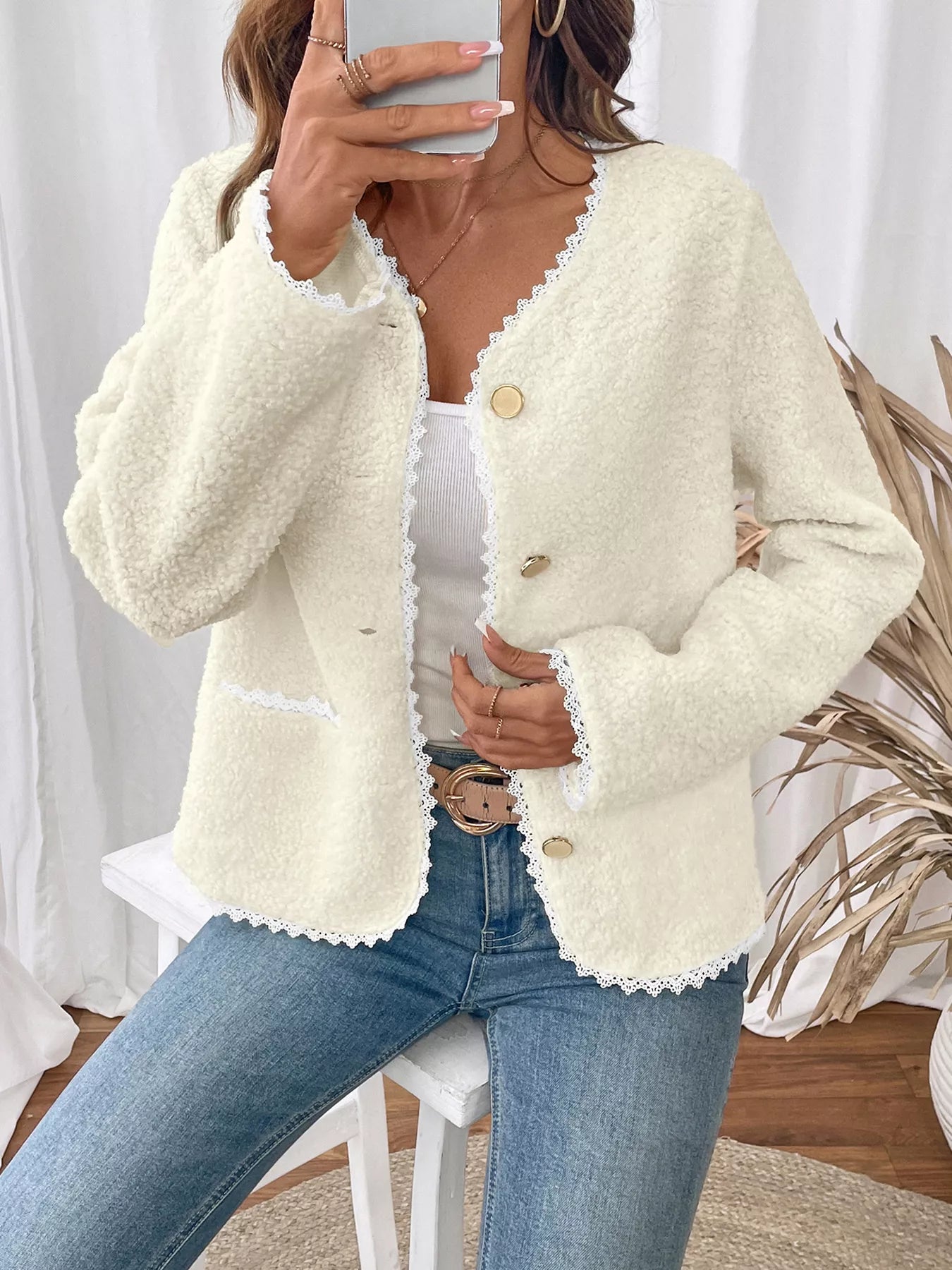 Lace Detail Button Up Long Sleeve Outerwear Ivory