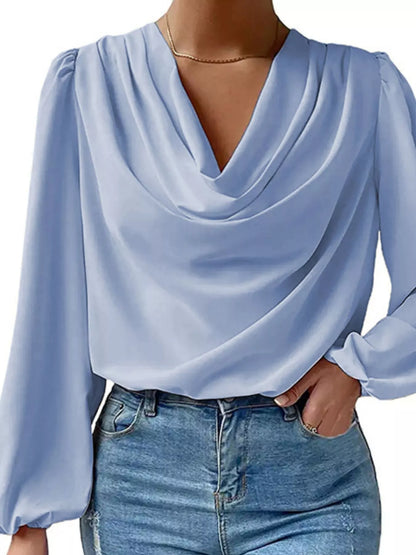 Full Size Cowl Neck Balloon Sleeve Blouse Plus Size Sky Blue