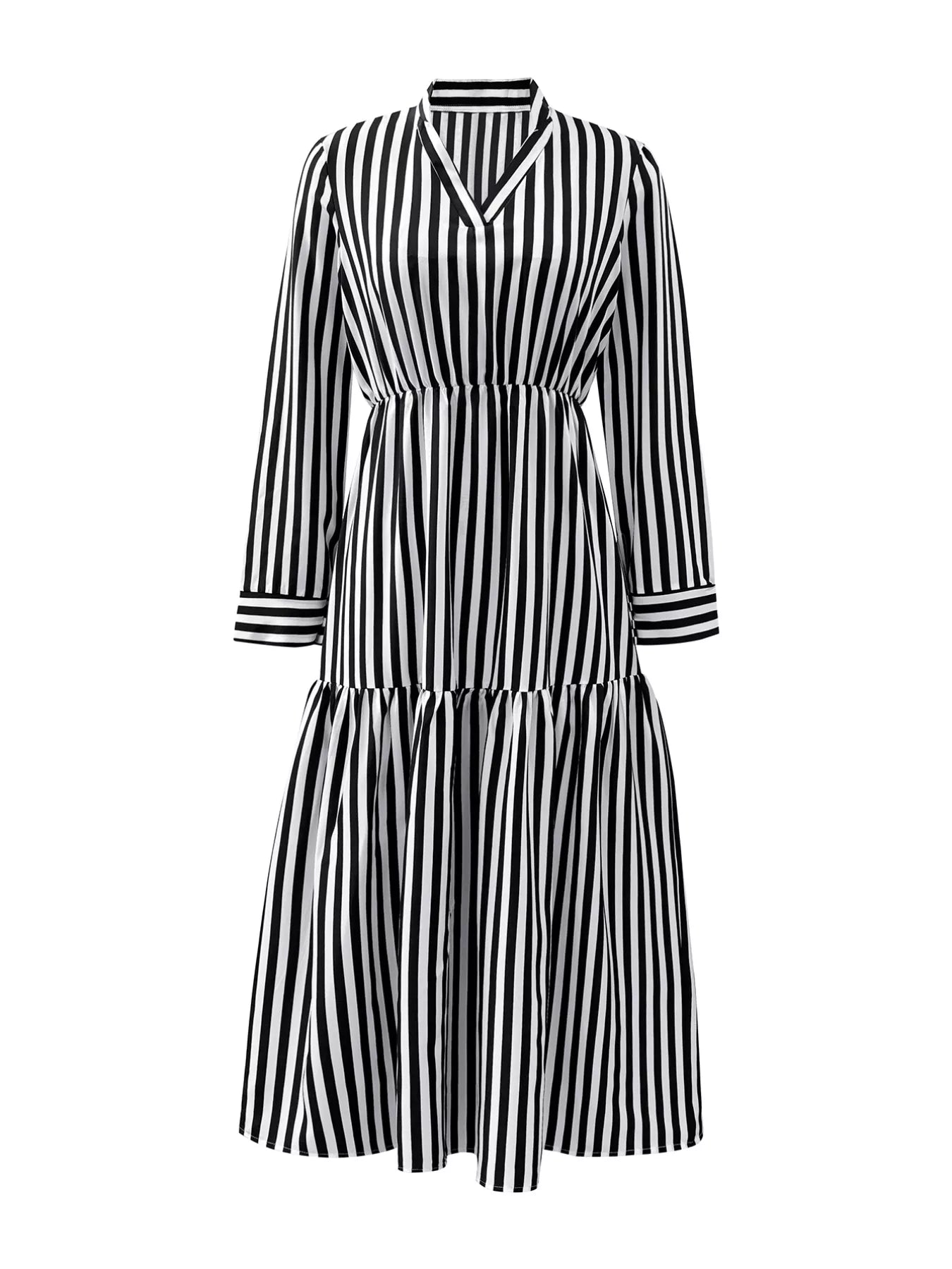 Striped Notched Long Sleeve Midi Dress
