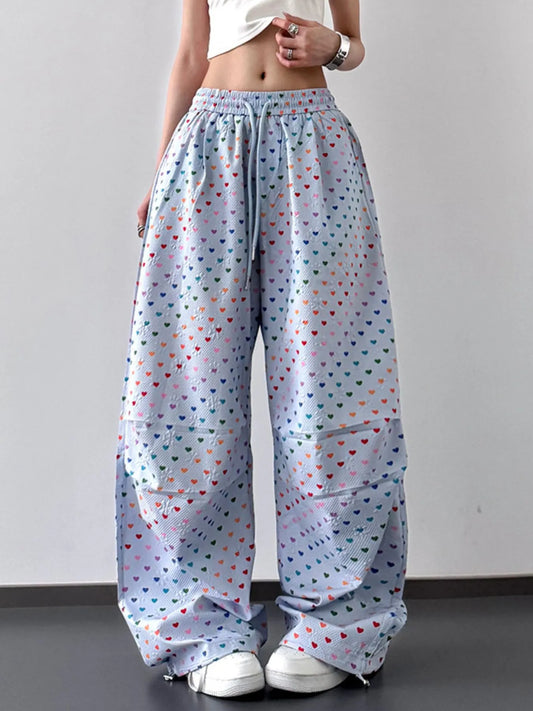 Heart Print Drawstring Wide Leg Pants Blue