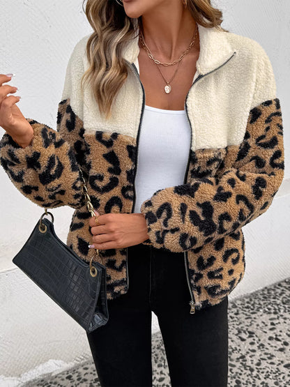 Leopard Zip Up Fleece Jacket Apricot