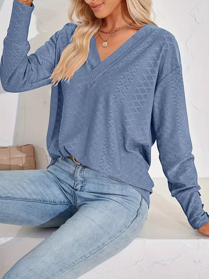 Plus Size V-Neck Textured Long Sleeve T-Shirt
