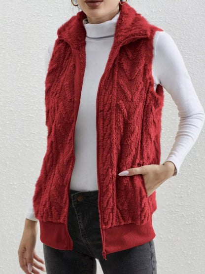 Full Size Cozy Faux Fur Zip-Up Vest Coat Plus Size Red