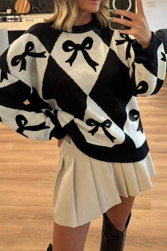 Bow Pattern Long Sleeve Contrast Sweater Black