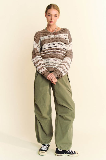 Back To School Sweater - Davi & Dani Contrast Striped Crochet Drop Shoulder Knit Cover Up