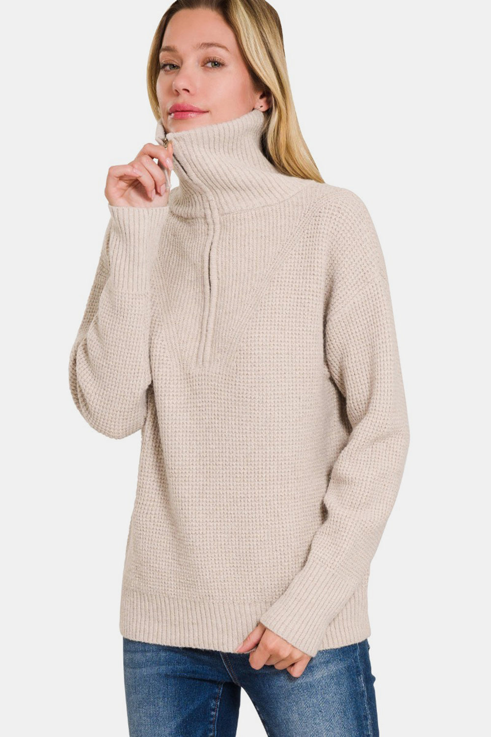 Zenana Half Zip Long Sleeve Sweater Mocha