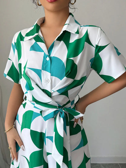 Printed Wide Leg Belted Jumpsuit