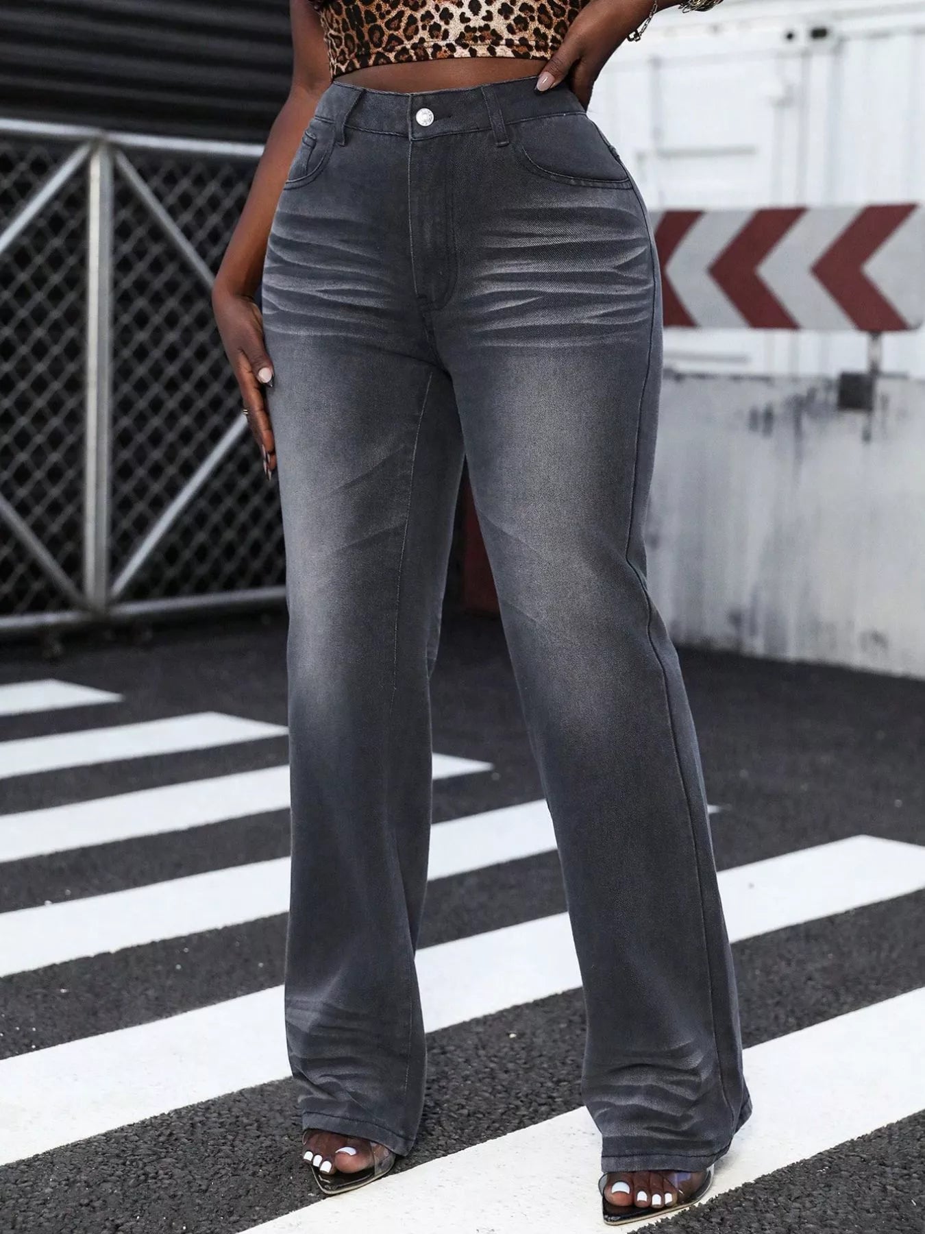 High Waist Straight Leg Jeans Dark Gray