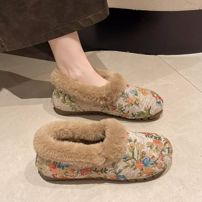 Floral Pattern Plush Lined Slip-Ons