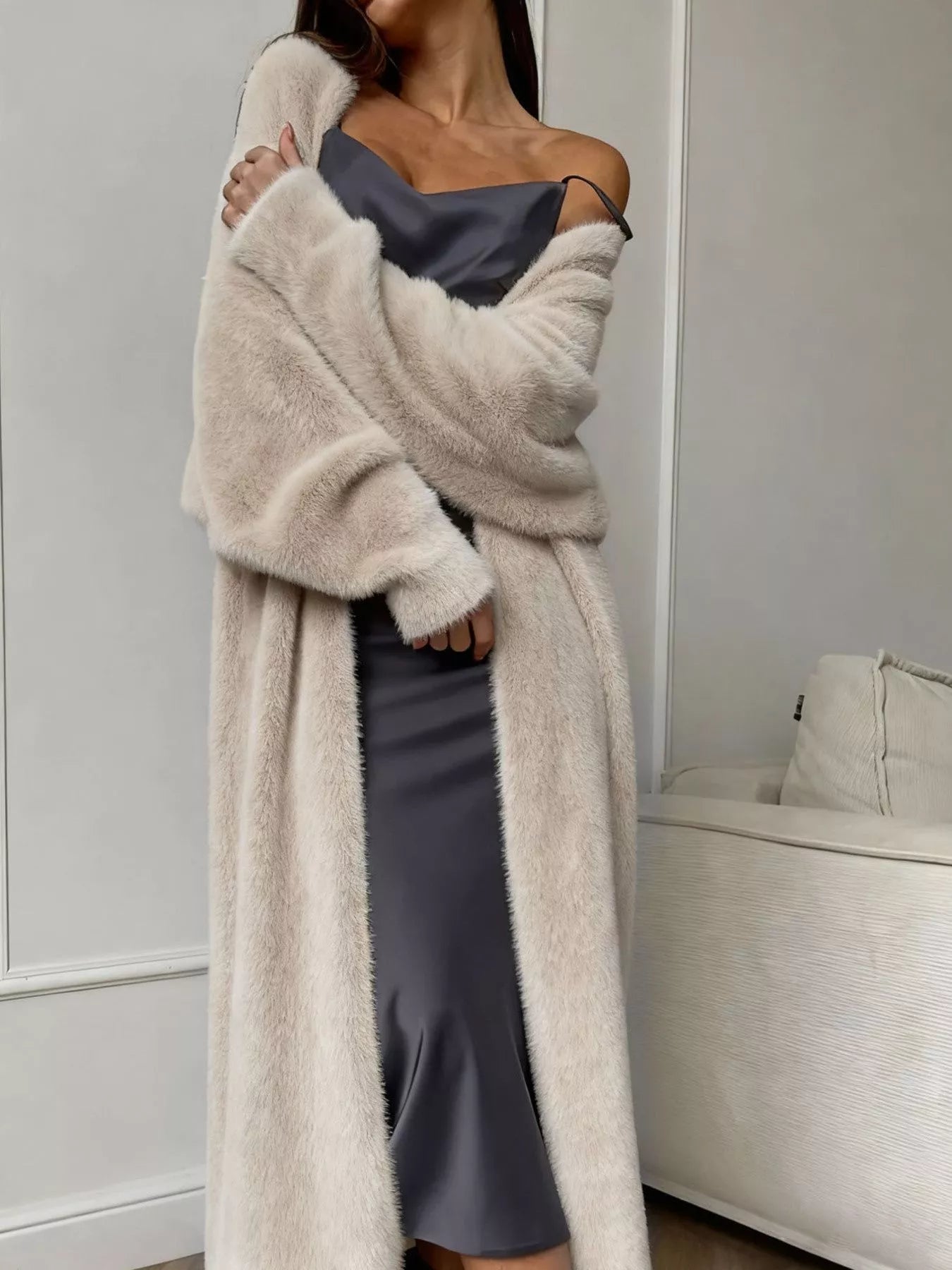 Fuzzy Open Front Longline Cardigan Tan