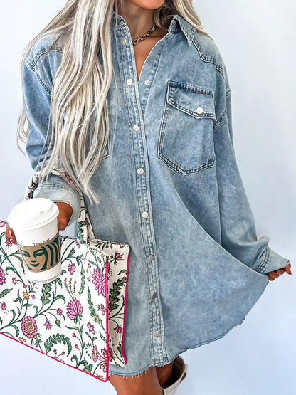 Chest Pocket Raw Hem Denim Loose Shirt Dress Light Blue
