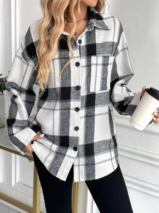 Oversized Plaid Button Up Shirt Grey