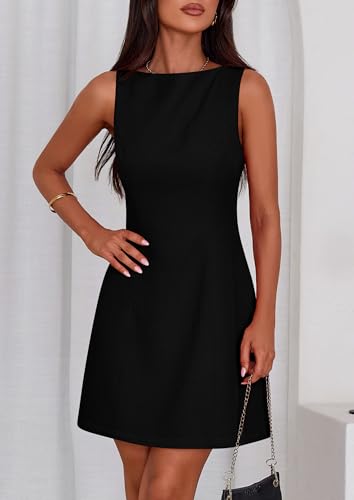 PRETTYGARDEN Womens Formal Short Dresses 2026 Summer Sleeveless Boat Neck A Line Elegant Mini Cocktail Party Dress (Black,Medium)