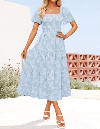 ZESICA Womens Summer Boho Floral Midi Dress 2026 Casual Flowy Beach Vacation Wedding Guest Graduation Long Dresses Blue Small