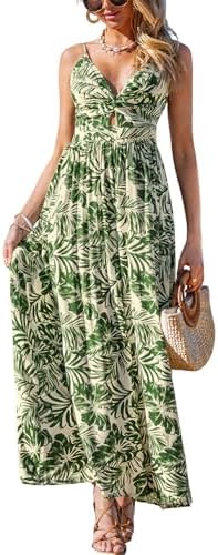 Sundresses - CUPSHE Women's Maxi Dress Floral Print Twisted V Neck Sleeveless Long Dress Summer Casual Dress Green Leaf