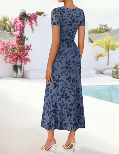 ZESICA Women's Summer Short Sleeve Floral Bodycon Dress 2026 Ruched Mesh Wedding Guest Cocktail Party Maxi Dresses Dusty Blue Medium