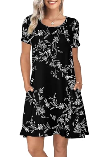 REGAI Womens Summer Dresses Casual Loose Tshirt Crew Neck Floral Short Sleeve Flowy Pockets Sundresses, Floral Black, M