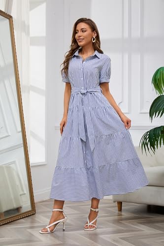 utcoco Womens Casual Short Sleeve Button Down Tie Waist Ruffled Striped Maxi Shirt Dress (Small, Blue)