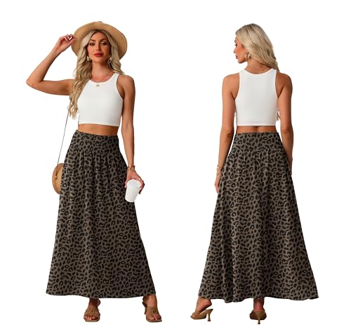Lepunuo Maxi Skirts Womens High Smocked Waisted Flowy Gypsy Skirts with Pockets