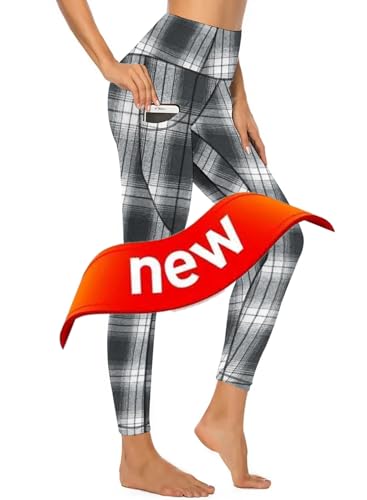 American Flag Pants - QIVICIMA Womens High Waist Workout Leggings Halloween Christmas Gym Plaid Printed Tummy Control Yoga Pants with Pockets Plaid Black White