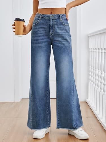 Trendy Queen Women's Wide Leg Jeans, Relaxed Loose Straight Leg with Raw Hem, Comfort Denim Pants Blue 10