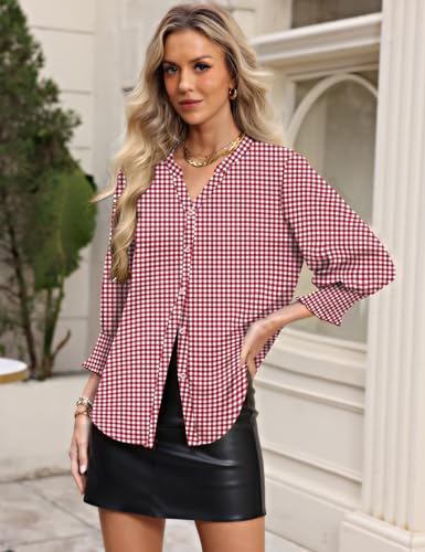 LOMON Tops for Women Trendy V Neck Button Down Shirts 3/4 Length Sleeve Plus Size Women Blouses Cotton Summer Tops Red Plaid XL