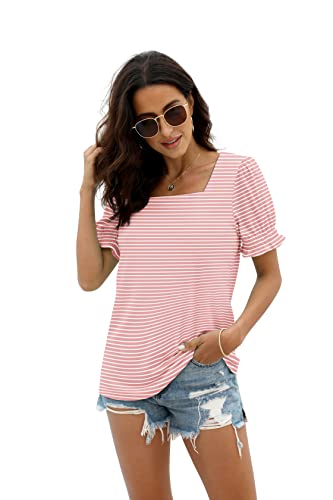 WIHOLL Shirts for Women 2026 Summer Outfits Spring Tops Travel Cruise Essentials Short Sleeve Business Casual Clothes Going Out Teacher Pink Stripe XL