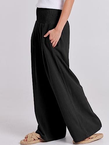 ANRABESS Women Linen Palazzo Pants Summer Boho Wide Leg High Waist Casual Lounge Pant 2026 Beach Travel Vacation Outfits Black Medium