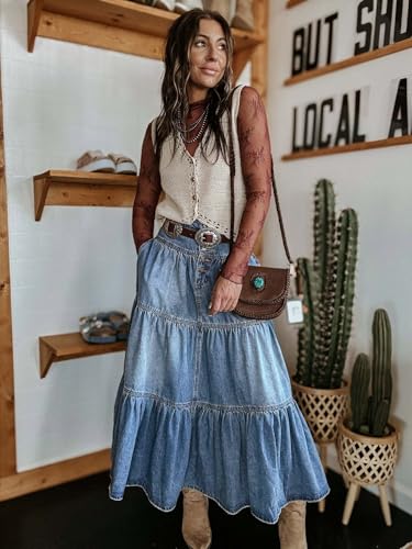 utcoco Women's High Waist Long Denim Skirt Button-Fly Tiered Ruffle Swing A-Line Jean Maxi Skirt with Pockets (Large, Blue)