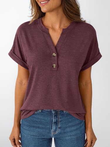 AUTOMET Women's Short Sleeve Shirts Henley Dressy Casual Summer Tops 2026 Spring Fashion Blouses Trendy Cute T-Shirts Business Work Outfits Clothes Wine L