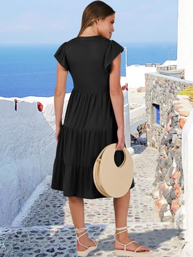 ANRABESS Womens Summer Dress Ruffle Sleeve V Neck Midi Dresses Fashion Casual Fit Flowy Tiered Boho Beach Vacation Sundress Black-M