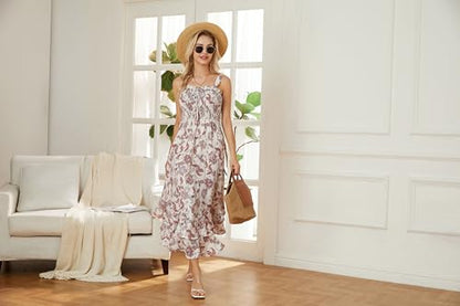 GRACE KARIN Women's 2025 Summer Floral Boho Dress Square Neck Strapped Swing A Line Sundress Beach Long Maxi OutfitsBeige L