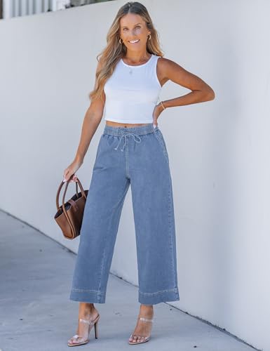 luvamia 26 Inch Inseam Womens Wide Leg Jeans Denim Pants for Women Denim Elastic Waist Pants for Women Cody Blue Medium Fits Size 8 / Size 10