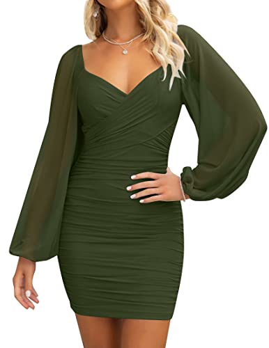 Christmas Party Dress - ZESICA Womens Sexy V Neck Ruched Bodycon Mini Dress Puff Long Sleeve Cocktail Wedding Party Short Dresses Armygreen