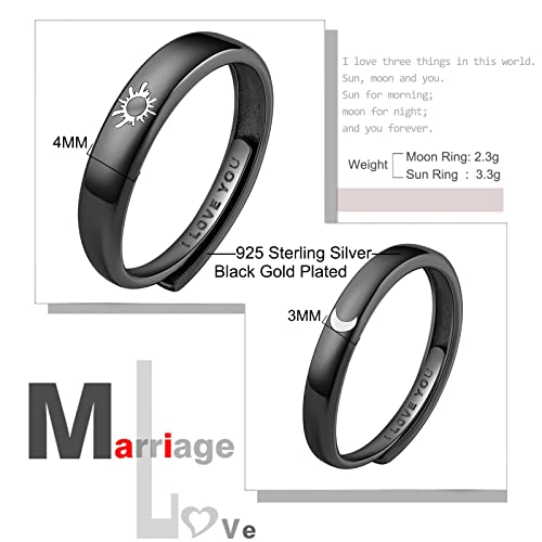 Beydodo Promise Rings For Couples, Friendship Rings Sun and Moon Sterling Silver 925 Black Matching Rings I Love You
